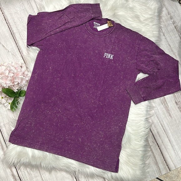 Pink Victoria’s Secret Distressed Acid Wash Crew Neck Long Sleeve Top Size Small - Picture 10 of 11